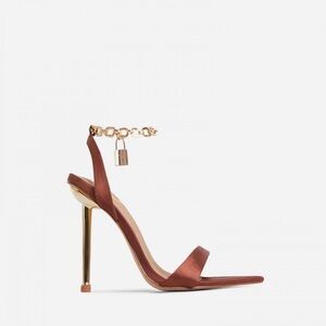 EGO CHAIN PADLOCK SANDALS pointed toe metallic heel dark brown satin size 10